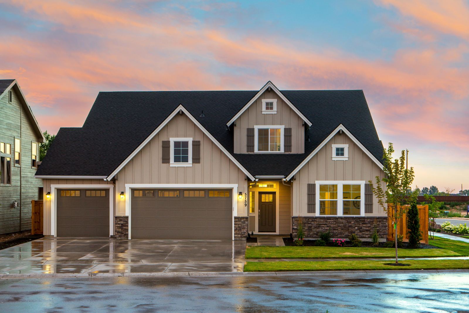 Craftsman-style home at sunset