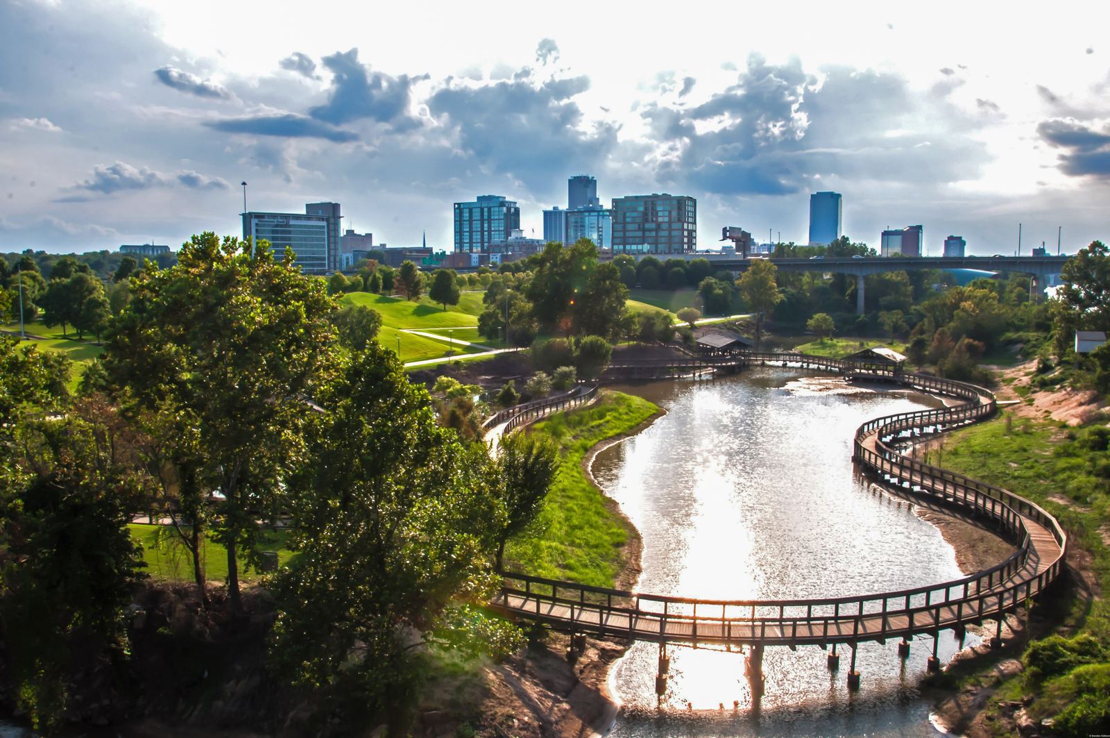 Little Rock skyline above the riverfront park and boardwalk